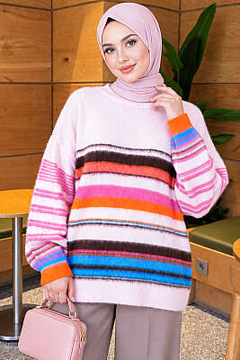 Renkli Çizgili Yumoş Triko Tunik Pembe - Tunik