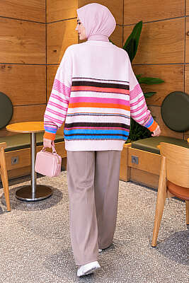 Renkli Çizgili Yumoş Triko Tunik Pembe - Tunik