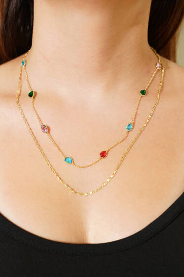 Renkli Damla Taşlı Kolye Gold - Kolye