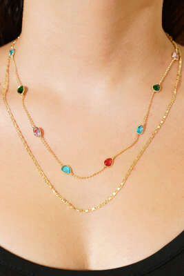 Renkli Damla Taşlı Kolye Gold - Kolye