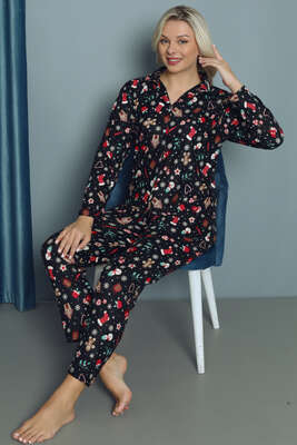 Renkli Desenli Kadın Pijama Takımı Siyah - Thumbnail
