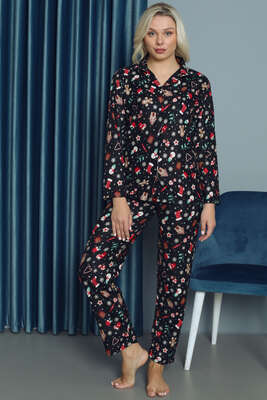 Renkli Desenli Kadın Pijama Takımı Siyah - Thumbnail