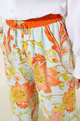 Renkli Desenli Salaş Pantolon Oranj - Thumbnail