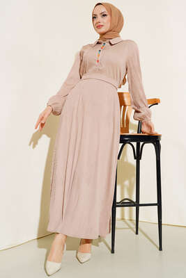 Renkli Düğmeli Patlı Elbise Bej - Thumbnail