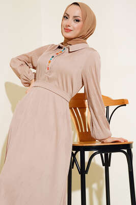 Renkli Düğmeli Patlı Elbise Bej - Elbise