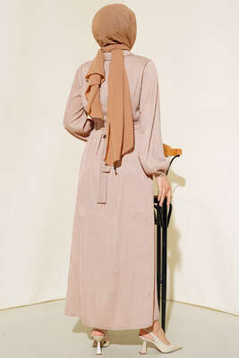 Renkli Düğmeli Patlı Elbise Bej - Elbise