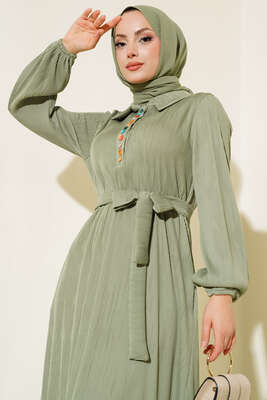 Renkli Düğmeli Patlı Elbise Çağla Yeşili - Thumbnail