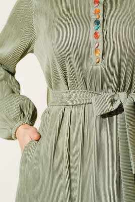 Renkli Düğmeli Patlı Elbise Çağla Yeşili - Thumbnail