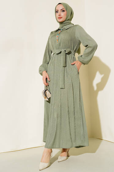 Renkli Düğmeli Patlı Elbise Çağla Yeşili - Tesettür Elbise