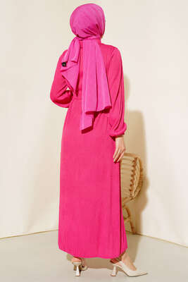 Renkli Düğmeli Patlı Elbise Fuşya - Thumbnail