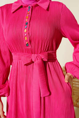 Renkli Düğmeli Patlı Elbise Fuşya - Thumbnail
