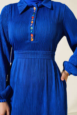 Renkli Düğmeli Patlı Elbise Saks - Thumbnail