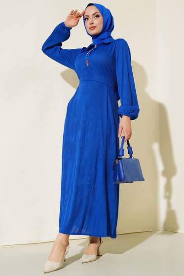 Renkli Düğmeli Patlı Elbise Saks - Tesettür Elbise