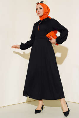 Renkli Düğmeli Patlı Elbise Siyah - Thumbnail