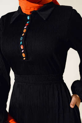 Renkli Düğmeli Patlı Elbise Siyah - Thumbnail