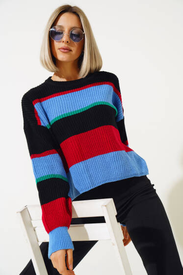 Renkli Kalın Çizgili Triko Crop Kazak İndigo - Triko