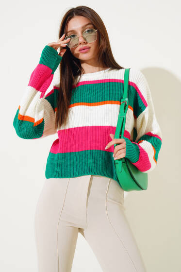 Renkli Kalın Çizgili Triko Crop Kazak Yeşil - Triko