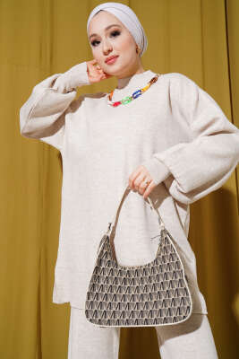 Renkli Kolyeli Basic Triko İkili Takım Bej - Triko İkili Takım