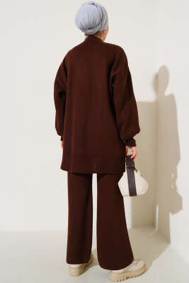 Renkli Kolyeli Basic Triko İkili Takım Kahve - İkili Takım