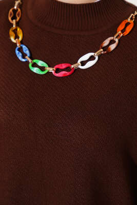 Renkli Kolyeli Basic Triko İkili Takım Kahve - Triko İkili Takım