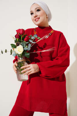 Renkli Kolyeli Basic Triko İkili Takım Kırmızı - İkili Takım