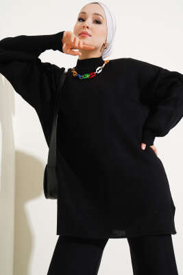 Renkli Kolyeli Basic Triko İkili Takım Siyah - Triko İkili Takım