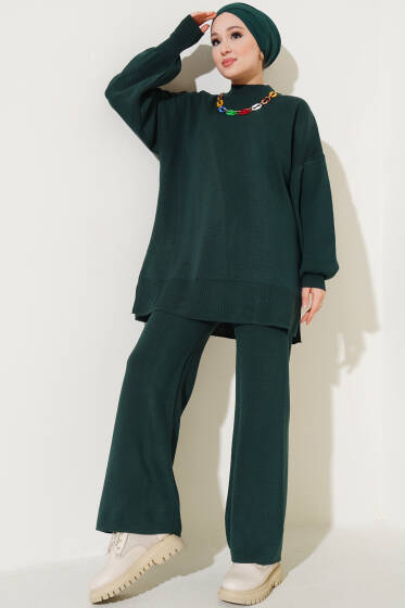 Renkli Kolyeli Basic Triko İkili Takım Zümrüt - İkili Takım