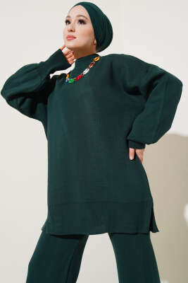 Renkli Kolyeli Basic Triko İkili Takım Zümrüt - Triko İkili Takım