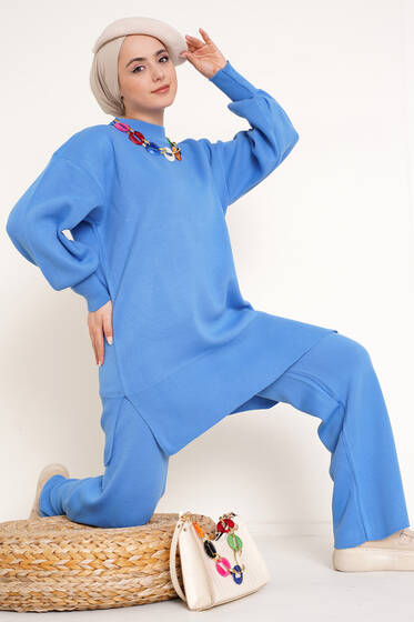 Renkli Kolyeli İkili Takım İndigo - Triko