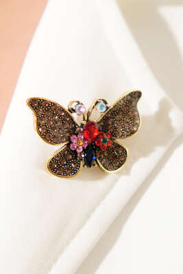 Renkli Kristal Taşlı Kelebek Figürlü Broş Gold - KONYALI BİJUTERİ