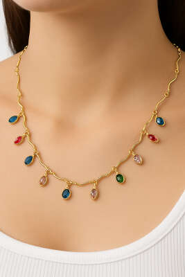 Renkli Püskül Damla Taşlı Kolye Gold - Kolye