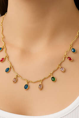 Renkli Püskül Damla Taşlı Kolye Gold - Kolye
