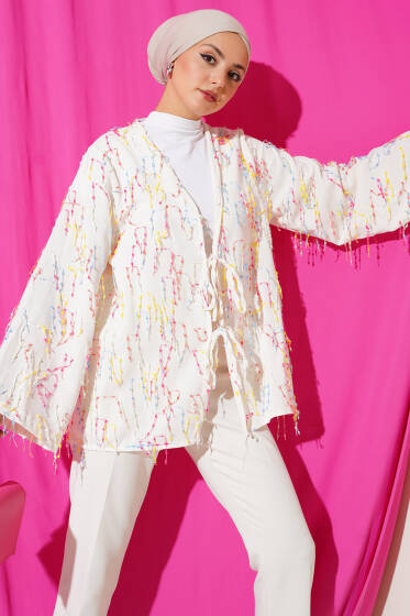 Renkli Püsküllü Bağlamalı Kimono Bej - Dış Giyim&Mont
