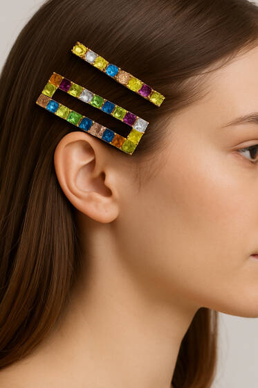 Renkli Taşlı 2'li Toka Set Gold - Toka