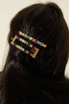 Renkli Taşlı 2'li Toka Set Gold - İNCİ BİJÜTERİ