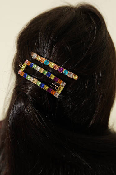 Renkli Taşlı 2'li Toka Set Gold - Toka