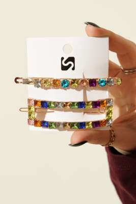 Renkli Taşlı 2'li Toka Set Gold - Toka