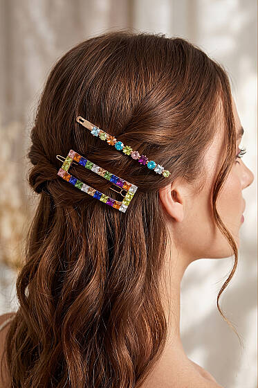 Renkli Taşlı 2'li Toka Set Gold - Toka