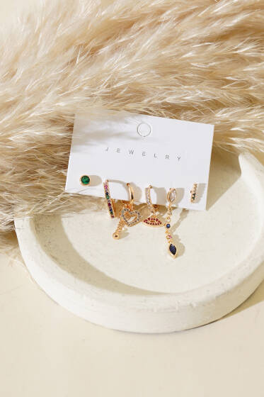 Renkli Taşlı Küpe Set Gold - Küpe