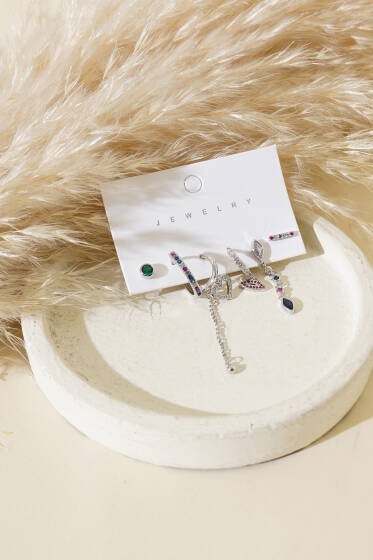 Renkli Taşlı Küpe Set Gümüş - Küpe