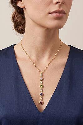 Renkli Taşlı Sallantılı Kolye Gold - YILMAZ BİJUTERİ 