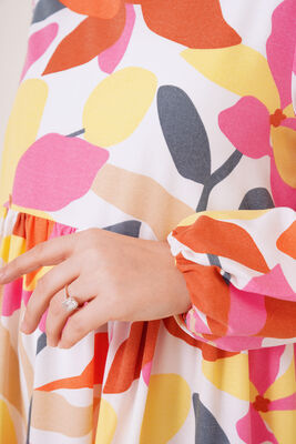 Renkli Yaprak Desen Terikoton Elbise Sarı Pembe - Thumbnail