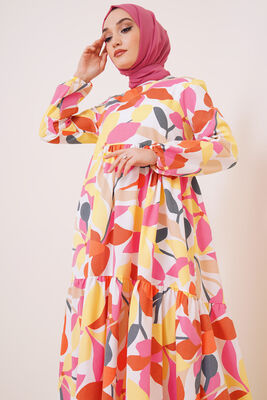 Renkli Yaprak Desen Terikoton Elbise Sarı Pembe - Thumbnail