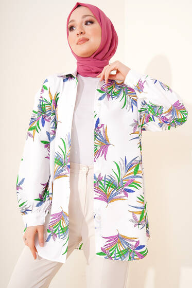 Renkli Yaprak Desenli Gömlek Beyaz - Gömlek