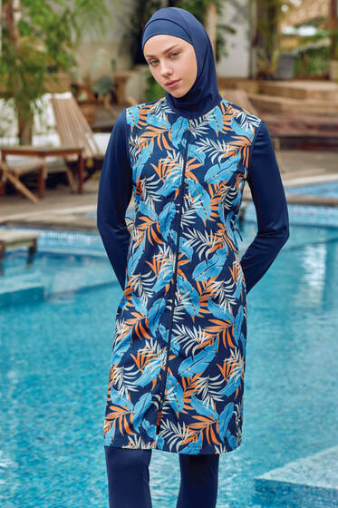 Renkli Yapraklı Fermuarlı Tesettür Mayo Koyu Lacivert - Tesettür Mayo