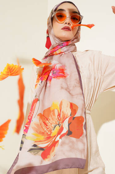 Retro Çiçek Desenli Şal Mocha - Başörtüsü