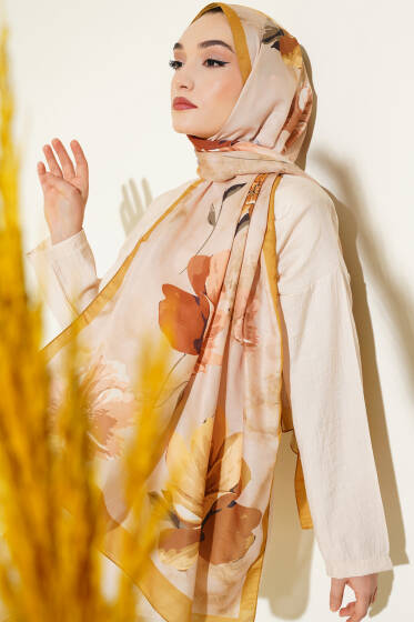 Retro Çiçek Desenli Şal Sarı - Başörtüsü