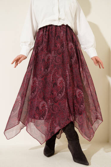 Retro Desen Asimetrik Şifon Etek Bordo - Etek