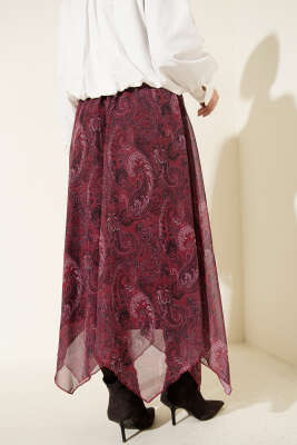 Retro Desen Asimetrik Şifon Etek Bordo - Etek