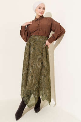 Retro Desen Asimetrik Şifon Etek Haki - Etek